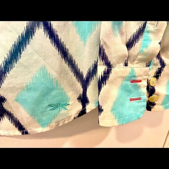 Talbots Aqua/Navy/White B/F Tab Sleeve Woman's Blouse Top Semi Sheer Sz MP - Picture 6 of 8